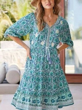 Soft Surroundings Nerissa Teal & Aqua Printed V-Neck Midi Dress